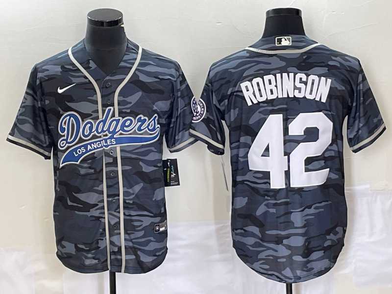 Mens Los Angeles Dodgers #42 Jackie Robinson Grey Camo Cool Base With Patch Stitched Baseball Jersey